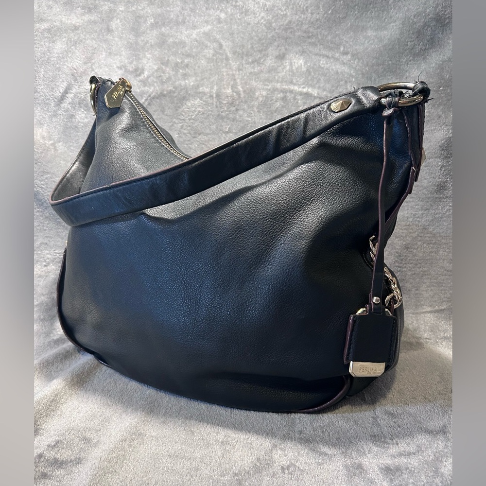 Perlina Black Leather Hobo w/ Gold Chain Detail